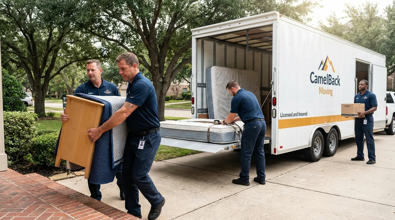 Crew loading residential truck for cross-state move from Sayre, OK