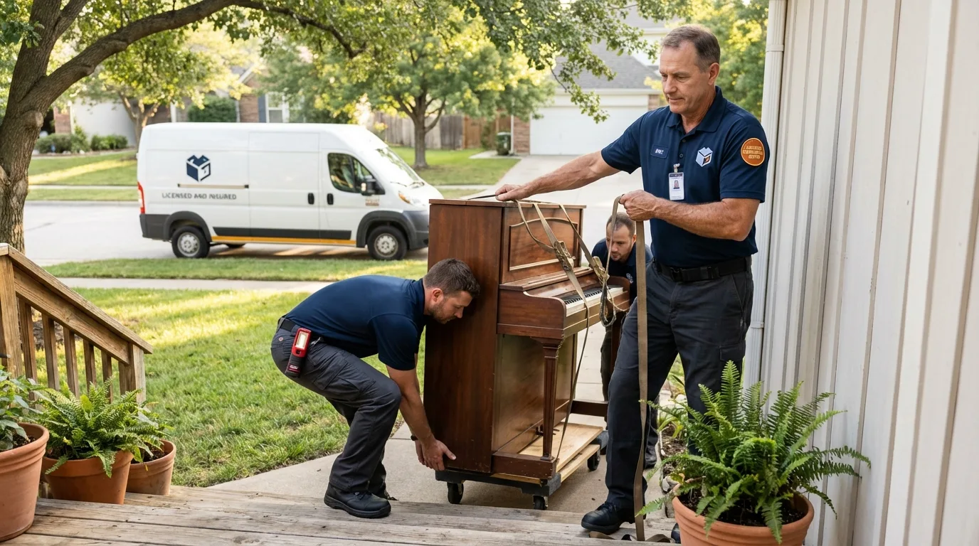 Licensed piano movers securing grand piano in Sayre, OK