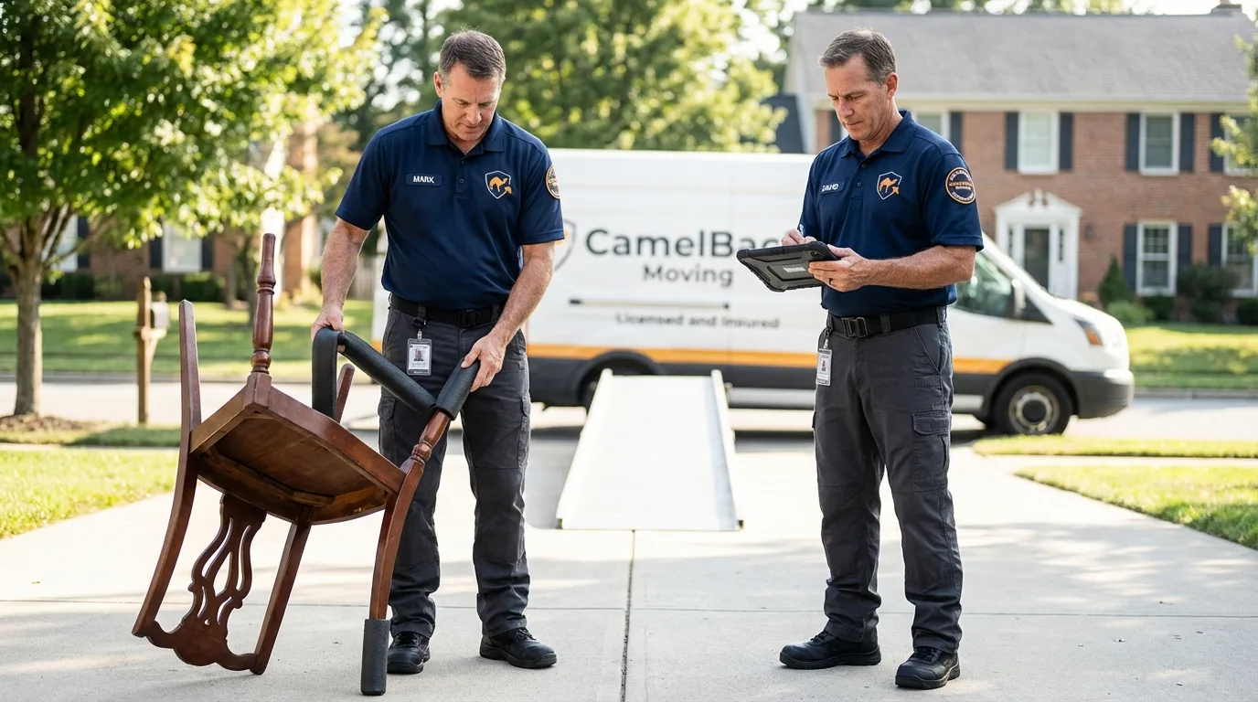 Movers inspecting furniture for damage prevention before loading in Sayre, OK