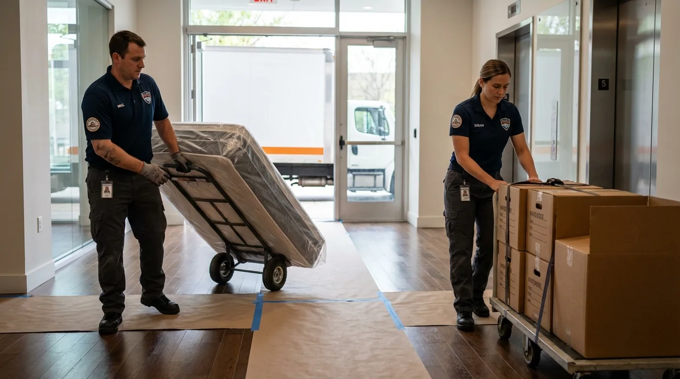 Professional apartment movers loading elevator in Sayre, OK